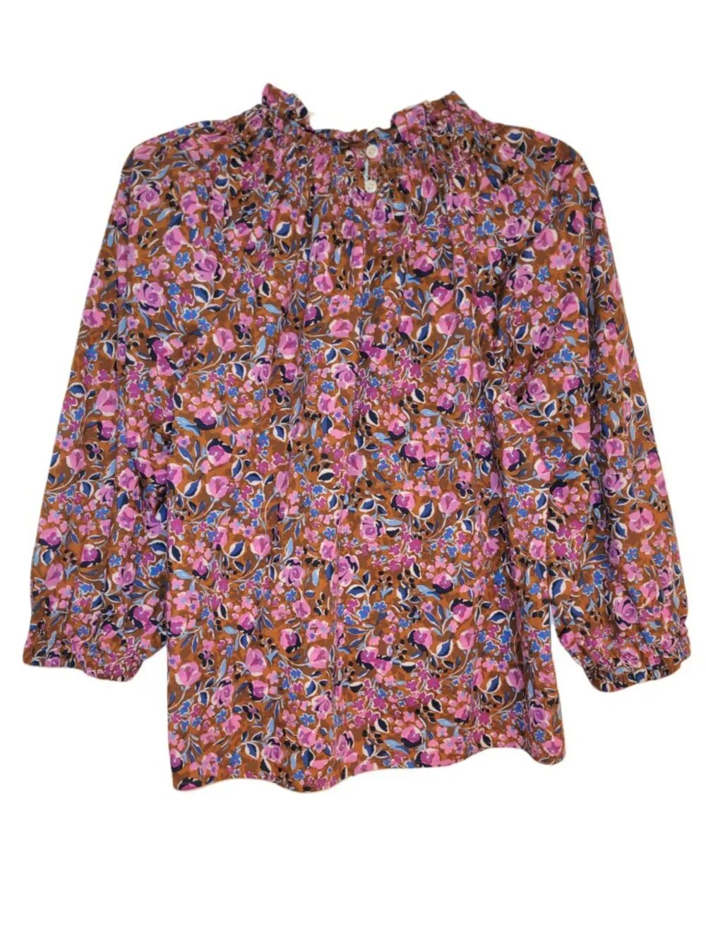 J. Crew Floral Smocked Neck 3/4 Sleeve CottonTop